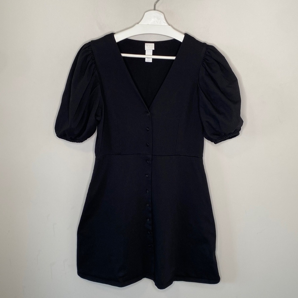 H&M Black Button Up Cotton Dress with Puff Sleeves